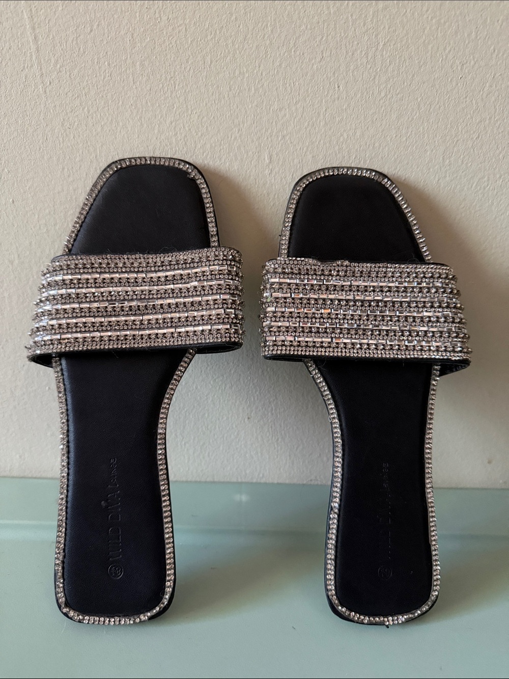 Wild Diva Black Slide Sandals with Silver Rhinestone Straps